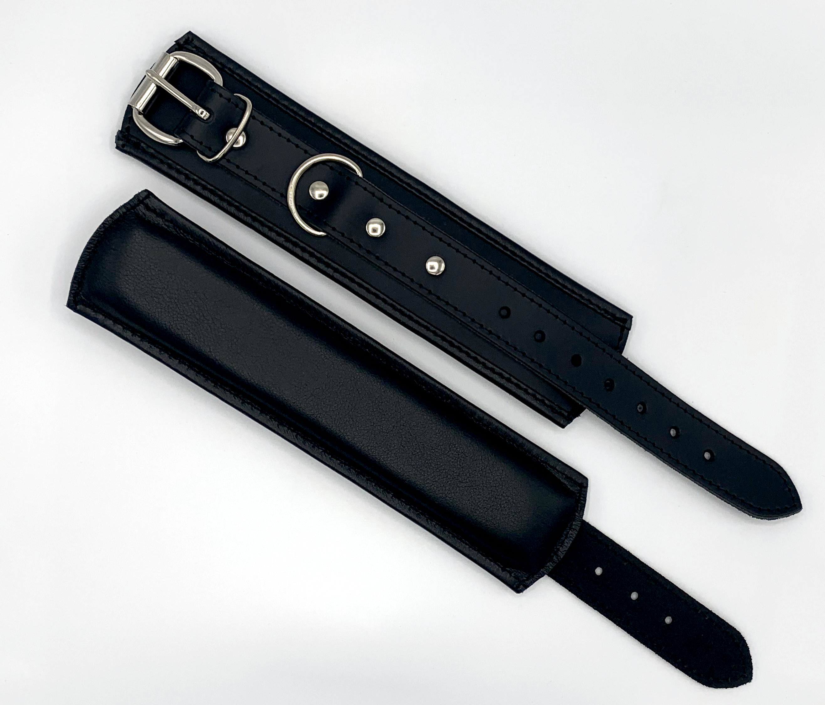 black padded leather handcuffs with carabiner hooks