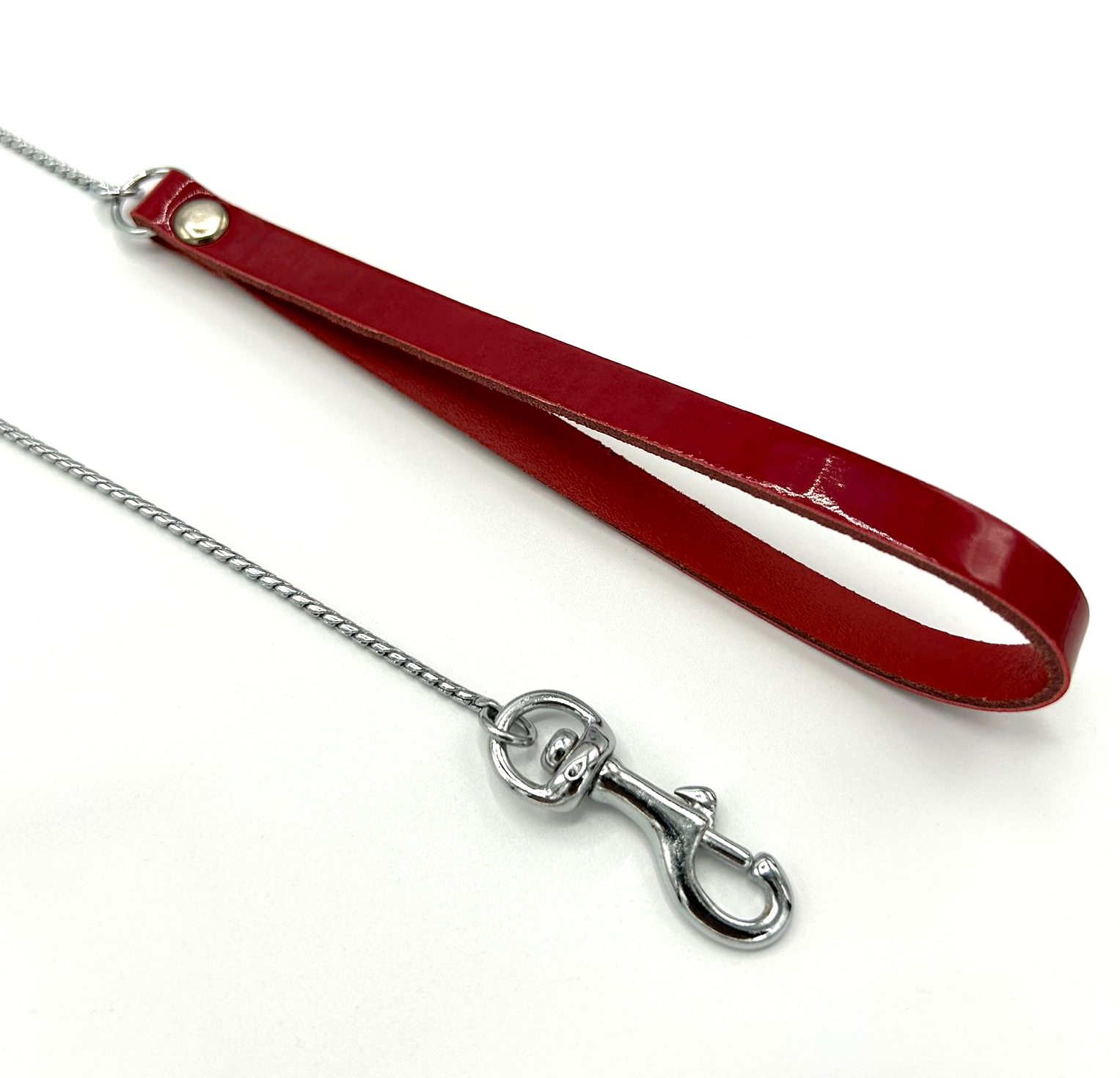 delicate lead line with red patent leather loop