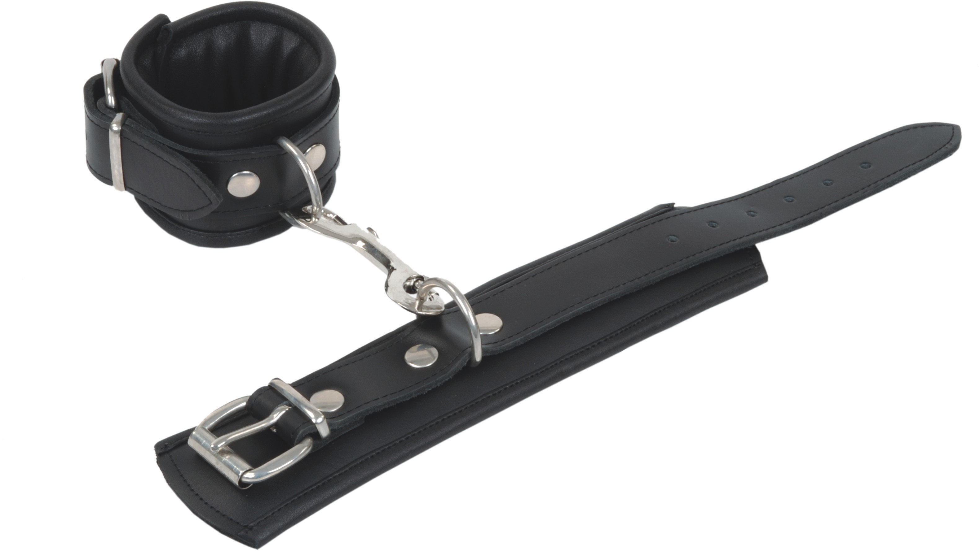 Set of handcuffs and leg irons with hogtie and carabiner hook